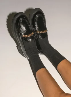 Princess Polly Unchained Patent Loafer   Black Clearance
