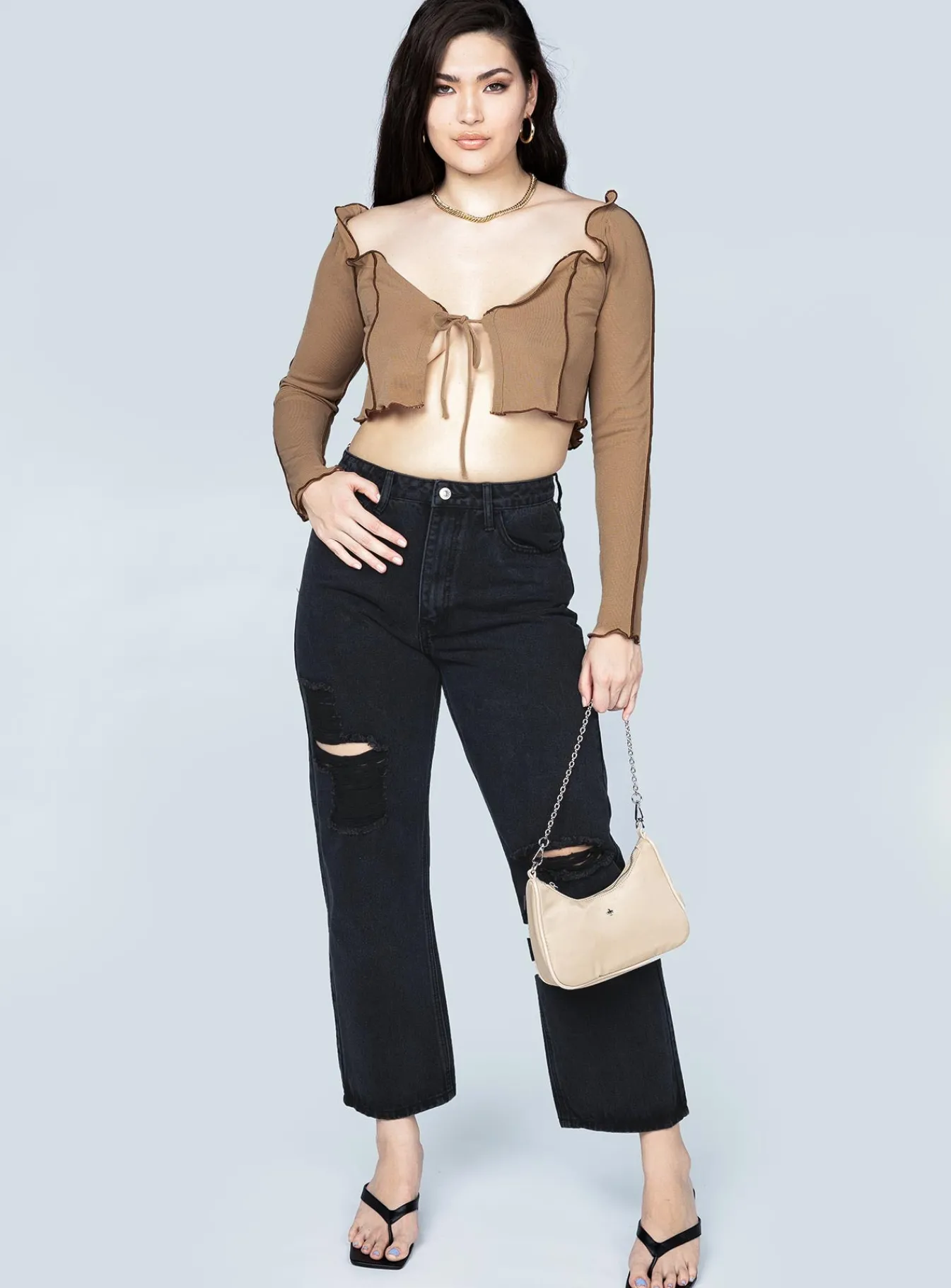 Princess Polly Veronica Tie Front Top Brown Discount