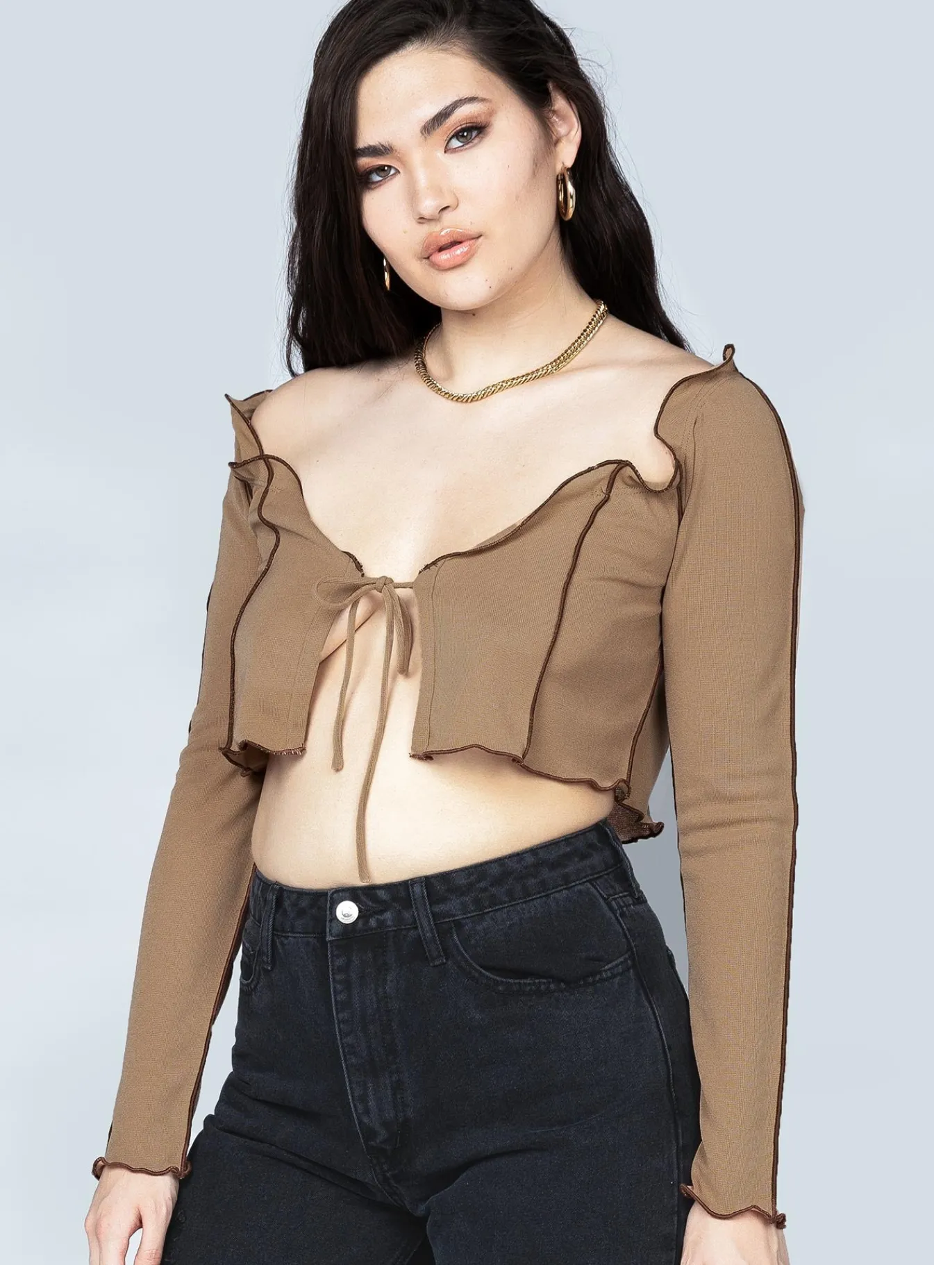 Princess Polly Veronica Tie Front Top Brown Discount
