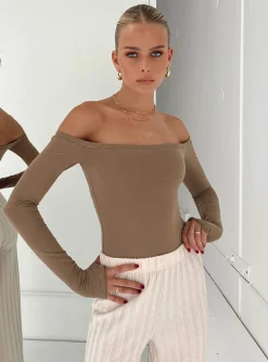 Princess Polly Weaver Off Shoulder Bodysuit   Stone New