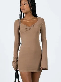 Princess Polly Wesley Long Sleeve Mini Dress  Brown Sale