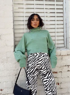 Princess Polly Zahara Cropped Turtleneck Sweater Green Best