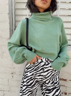 Princess Polly Zahara Cropped Turtleneck Sweater Green Best