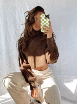 Princess Polly Zahara Cropped Turtleneck Sweater  Brown Cheap