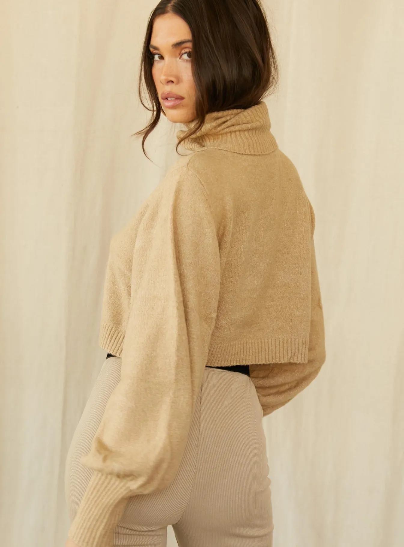 Princess Polly Zahara Cropped Turtleneck Sweater Beige New