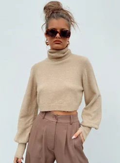 Princess Polly Zahara Cropped Turtleneck Sweater Beige New