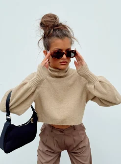 Princess Polly Zahara Cropped Turtleneck Sweater Beige New