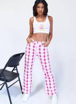 Princess Polly Zoey Argyle Straight Leg Pant Pink Outlet