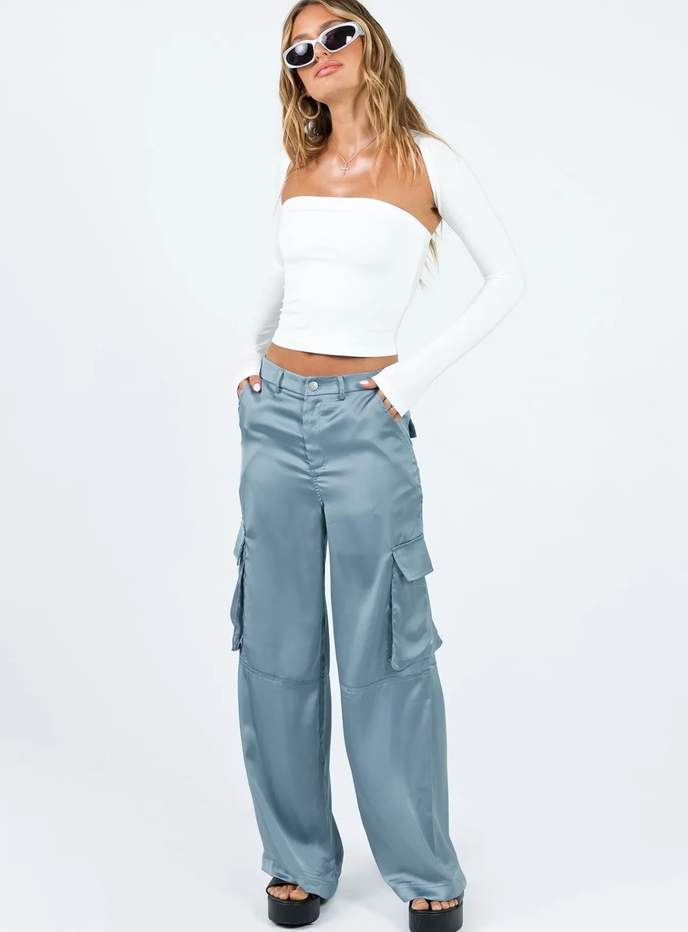 Princess Polly Zora Satin Cargo Pant Blue New