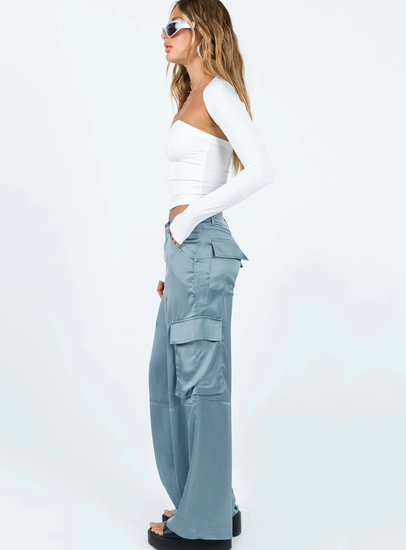 Princess Polly Zora Satin Cargo Pant Blue New