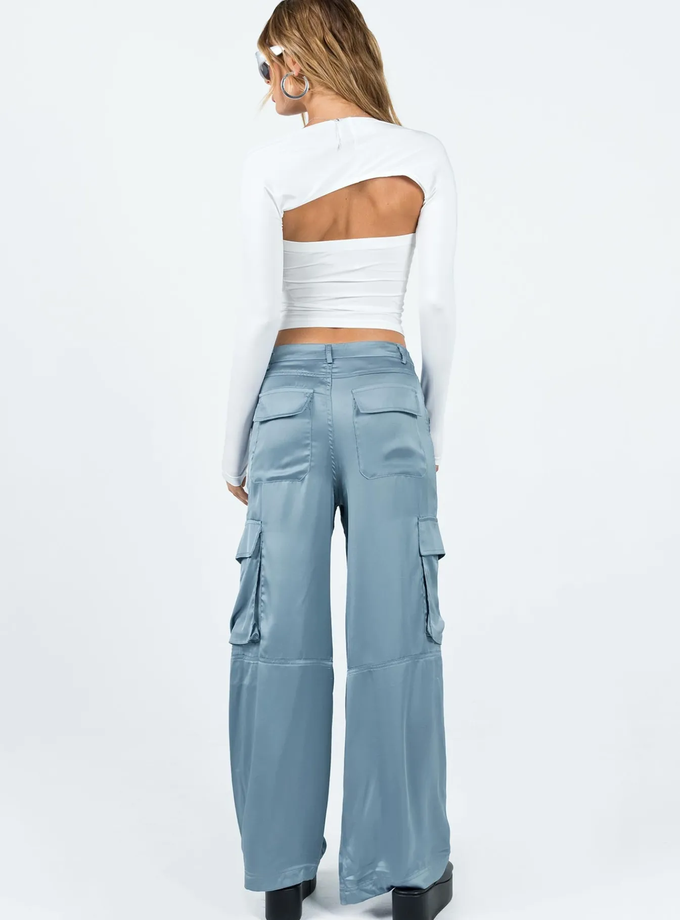 Princess Polly Zora Satin Cargo Pant Blue New